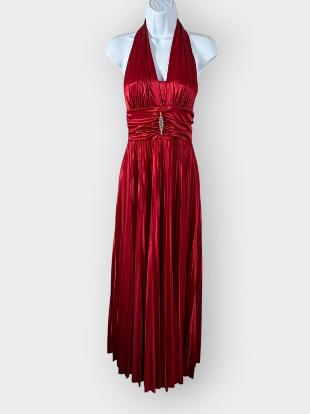 Vtg Red Halter Dress Pleated Skirt Open Back | M | Holiday Party Marilyn Monroe